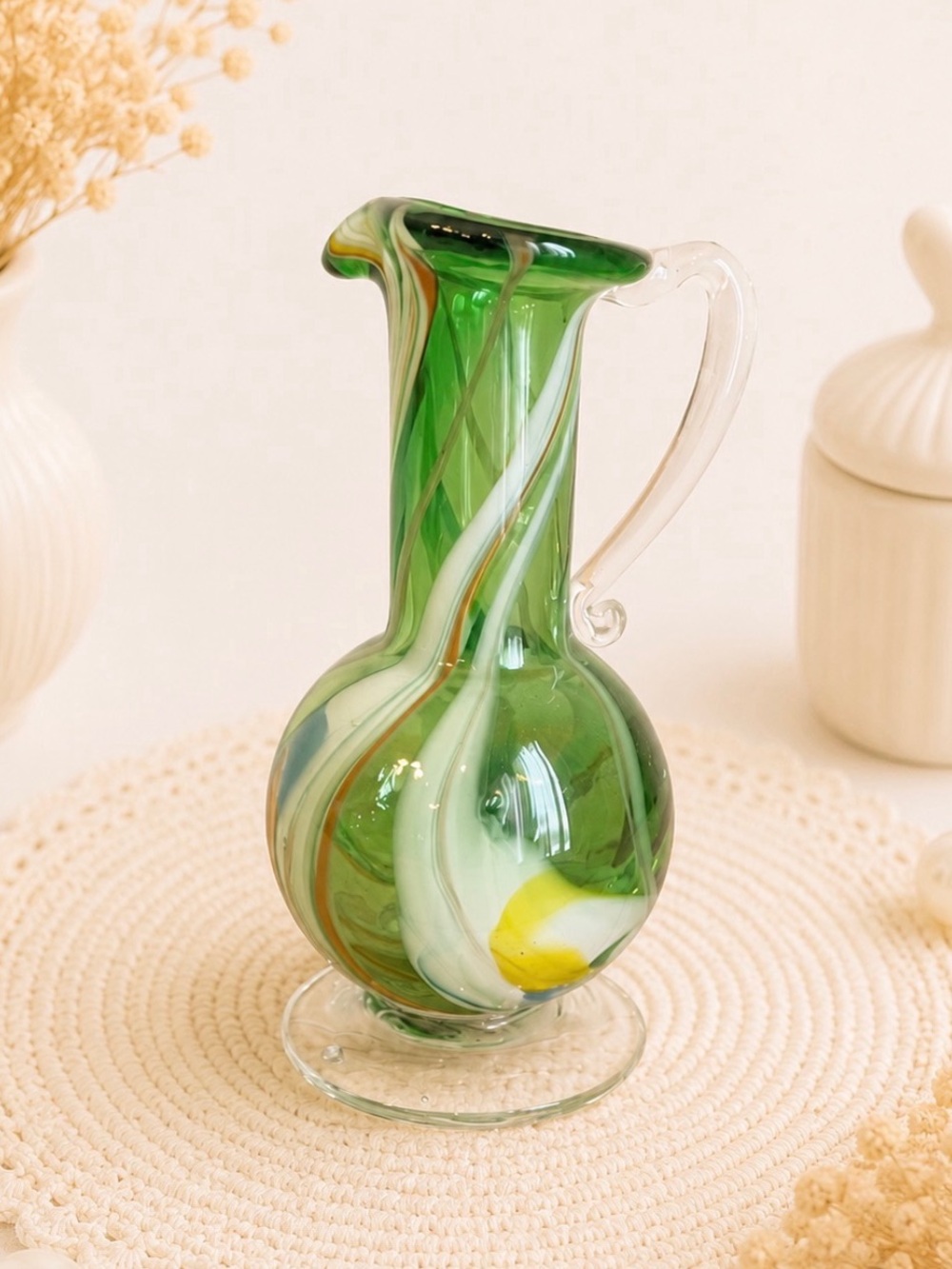 Vintage handblown green and multicolored art glass pitcher/vase